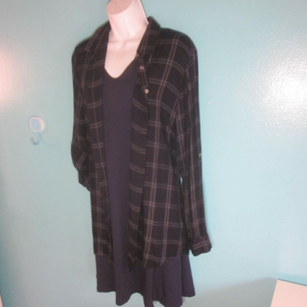 OPUS Fabina Check Tunic Length Button Front Shirt Womens Size 10 Navy Blue Plaid